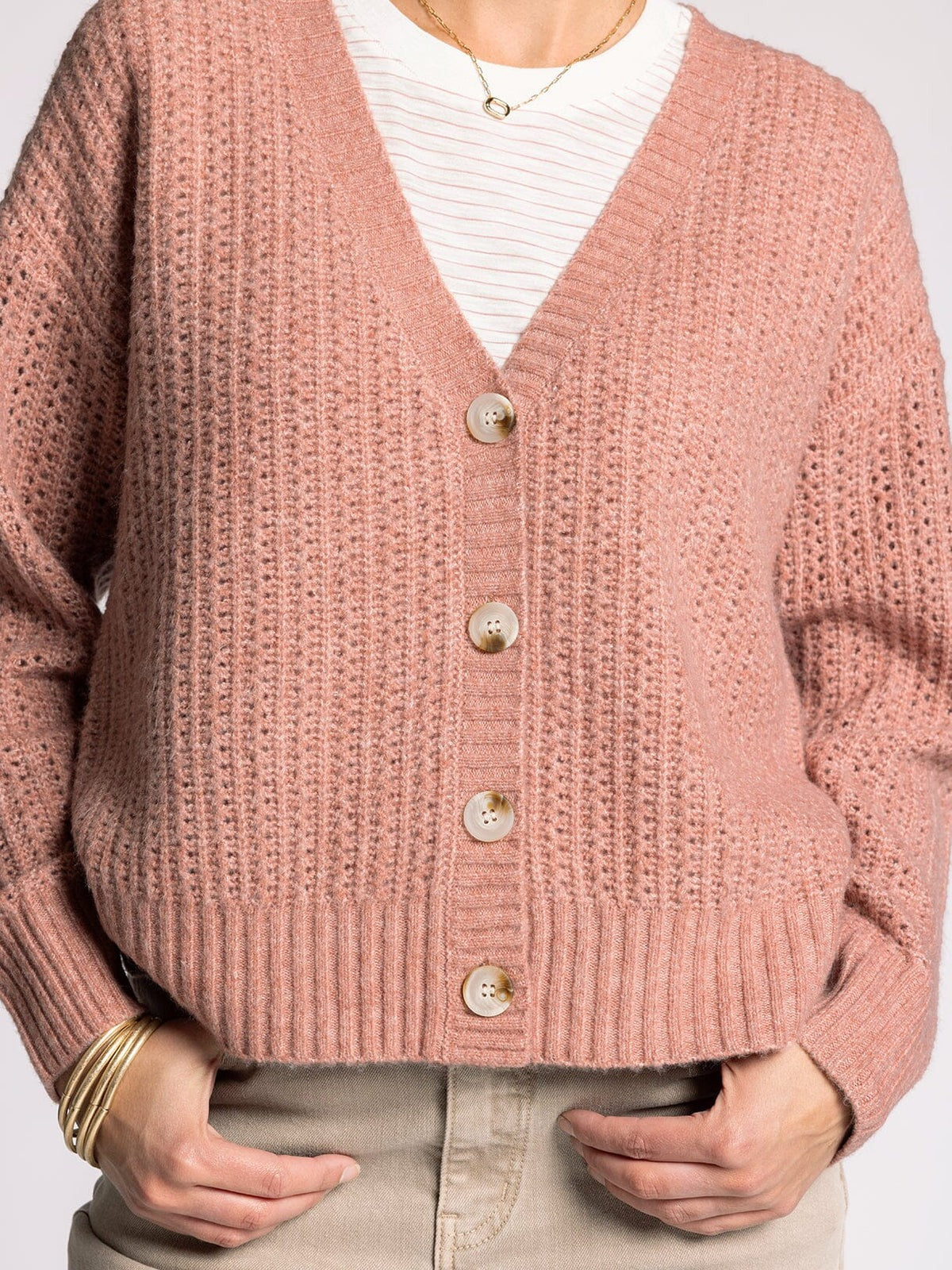 Pink knitted cardigan worn by a person on a plain background