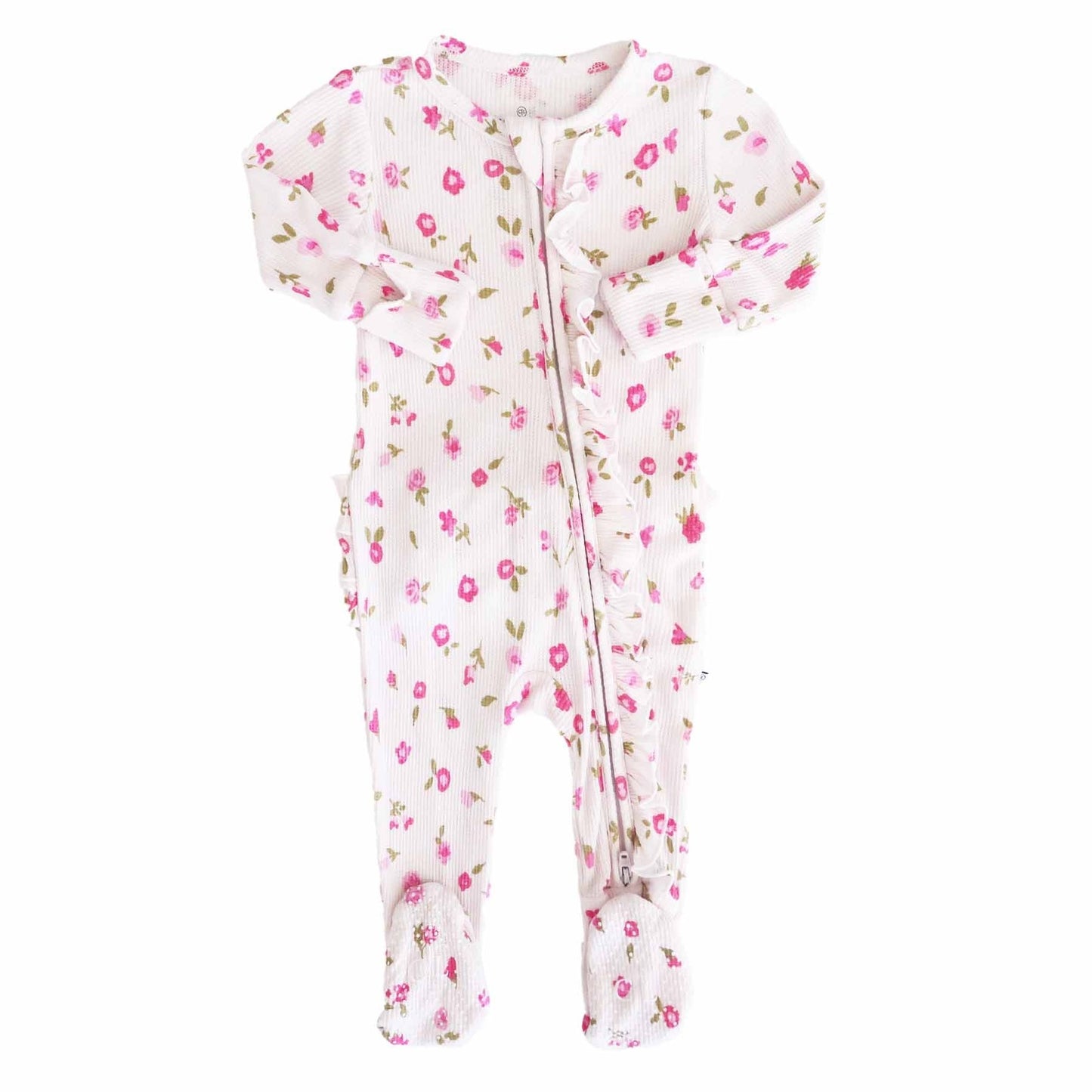 Floral-patterned baby onesie on a white background
