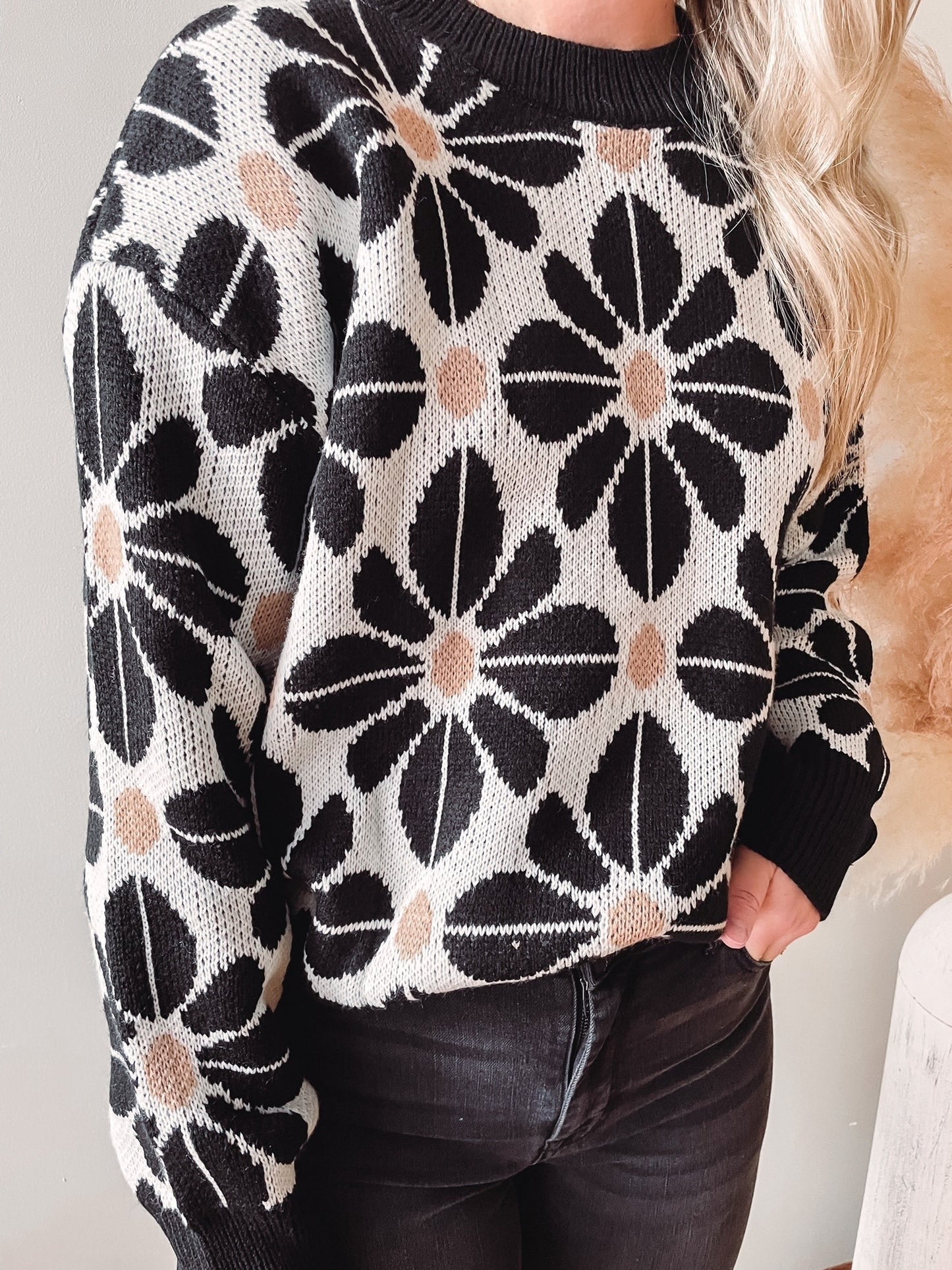 Black + White Flower Sweater