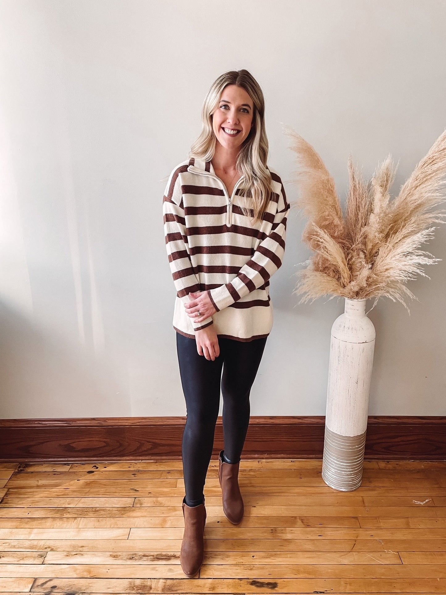 Carrie Cream Stripe Zip Sweater