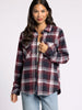 Woman wearing a plaid shirt on a white background