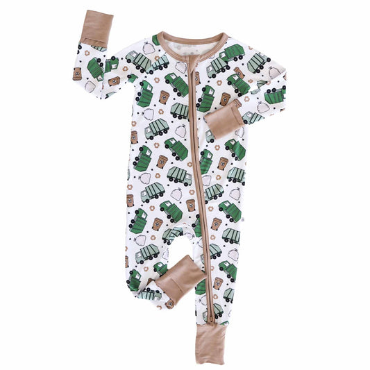Baby onesie with green truck pattern and brown accents on a white background