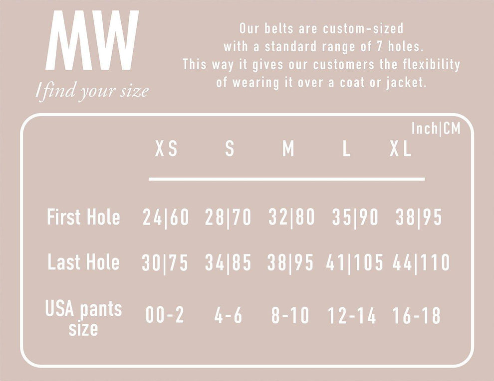 A size chart graphic for MW custom belts, showing a size table from XS to XL with first hole, last hole, and USA pants size measurements in inches and numbers, on a dusty pink background.