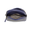 Gray and blue pouch with open zipper on a white background