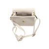 White woven handbag with a strap on a white background