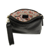 Black leather handbag with floral interior on a white background
