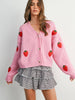 Pink Strawberry Embroidered Cropped Cardigan