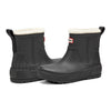 Pair of black rubber boots with white lining on a white background