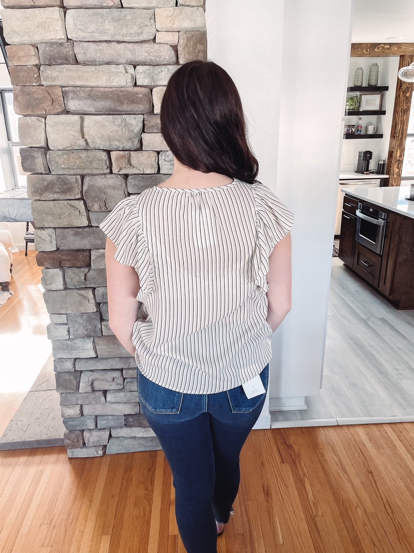 Taupe Striped Flutter Sleeve Blouse