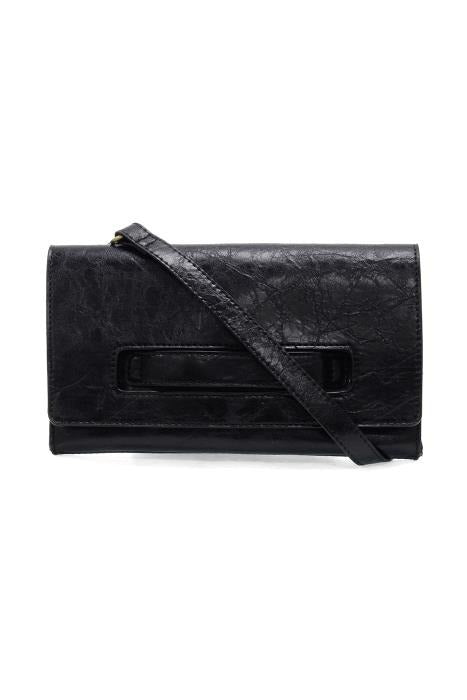 Black clutch bag with a strap on a white background