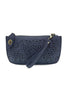 Navy blue perforated clutch bag with a strap on a white background