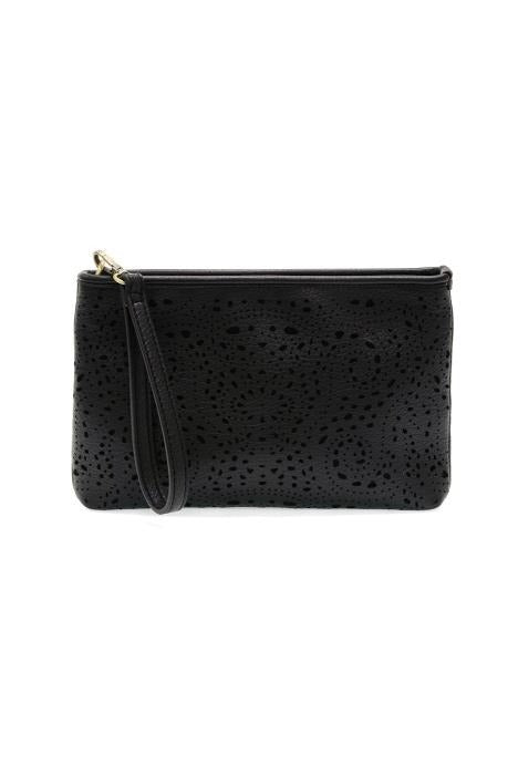 Black perforated clutch bag with a strap on a white background