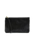 Black perforated clutch bag with a strap on a white background