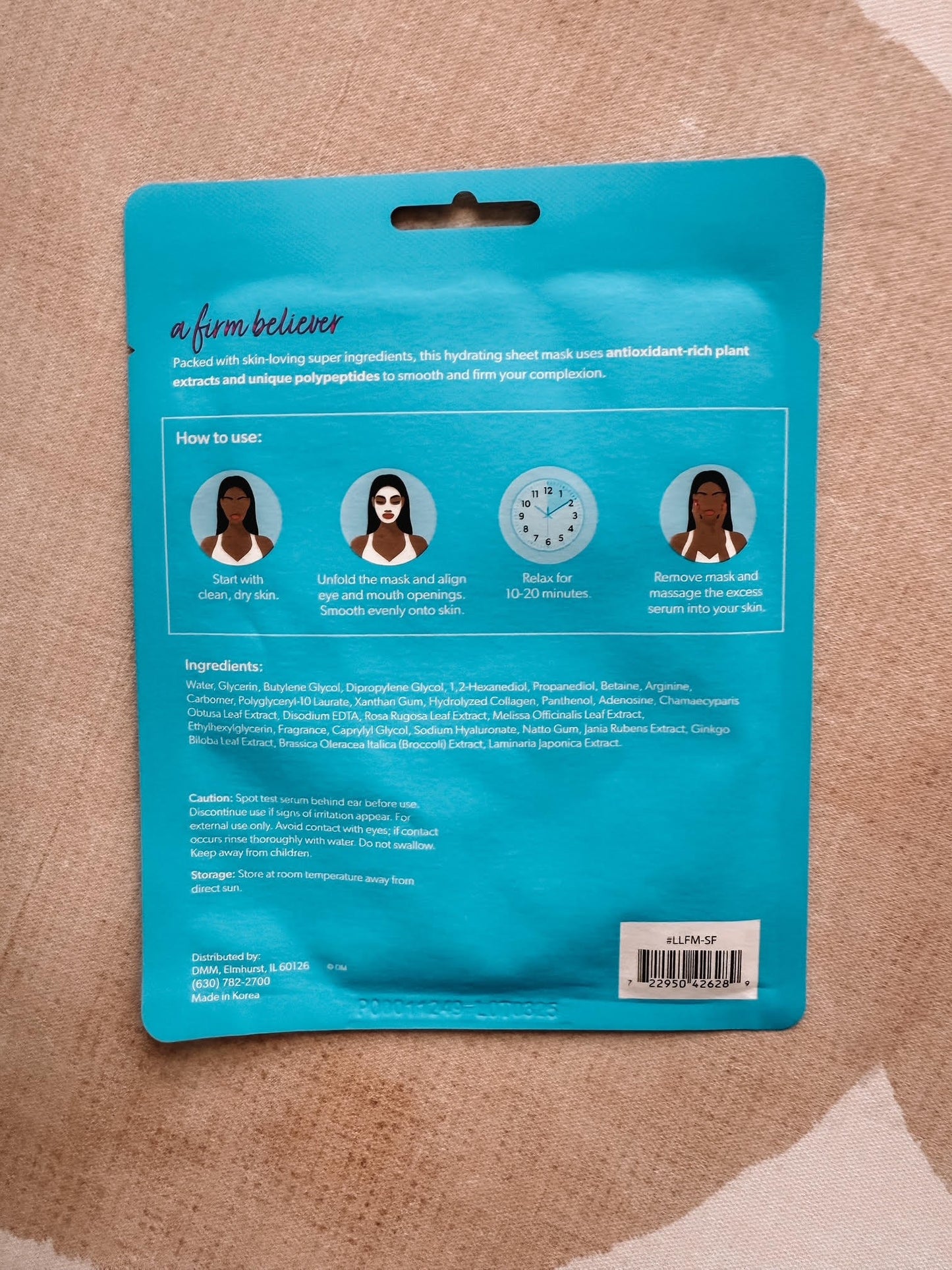 Blue package with text and images on a beige background