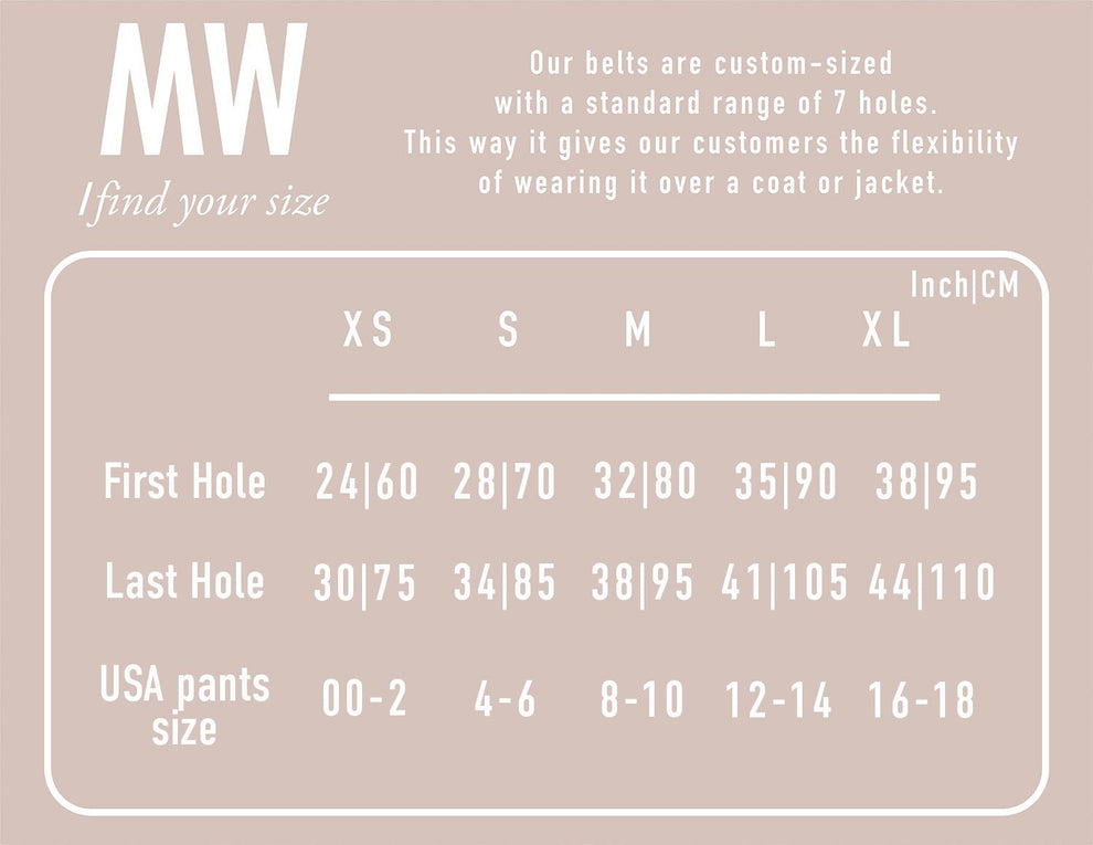 Size chart for belts with measurements in inches, centimeters, and USA pants sizes on a beige background.