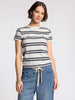 Woman wearing a striped shirt and jeans on a plain background