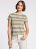 Woman wearing a green and white striped shirt against a plain background