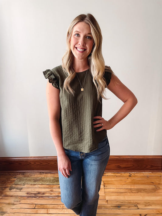 Olive Lace Trim Short Sleeve Blouse