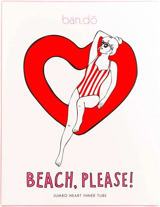 Product packaging with a woman in a swimsuit inside a red heart on a white background, featuring the brand 'ban.do'.