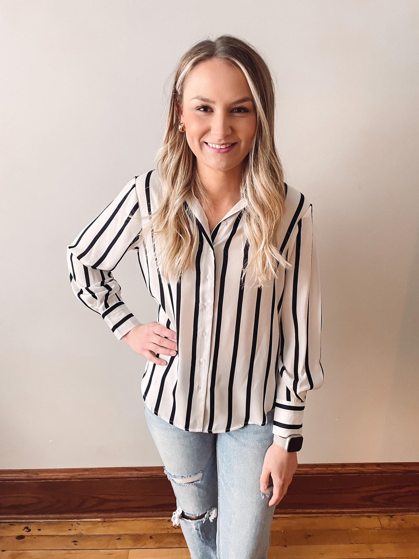 Navy Pin Stripe Button Up