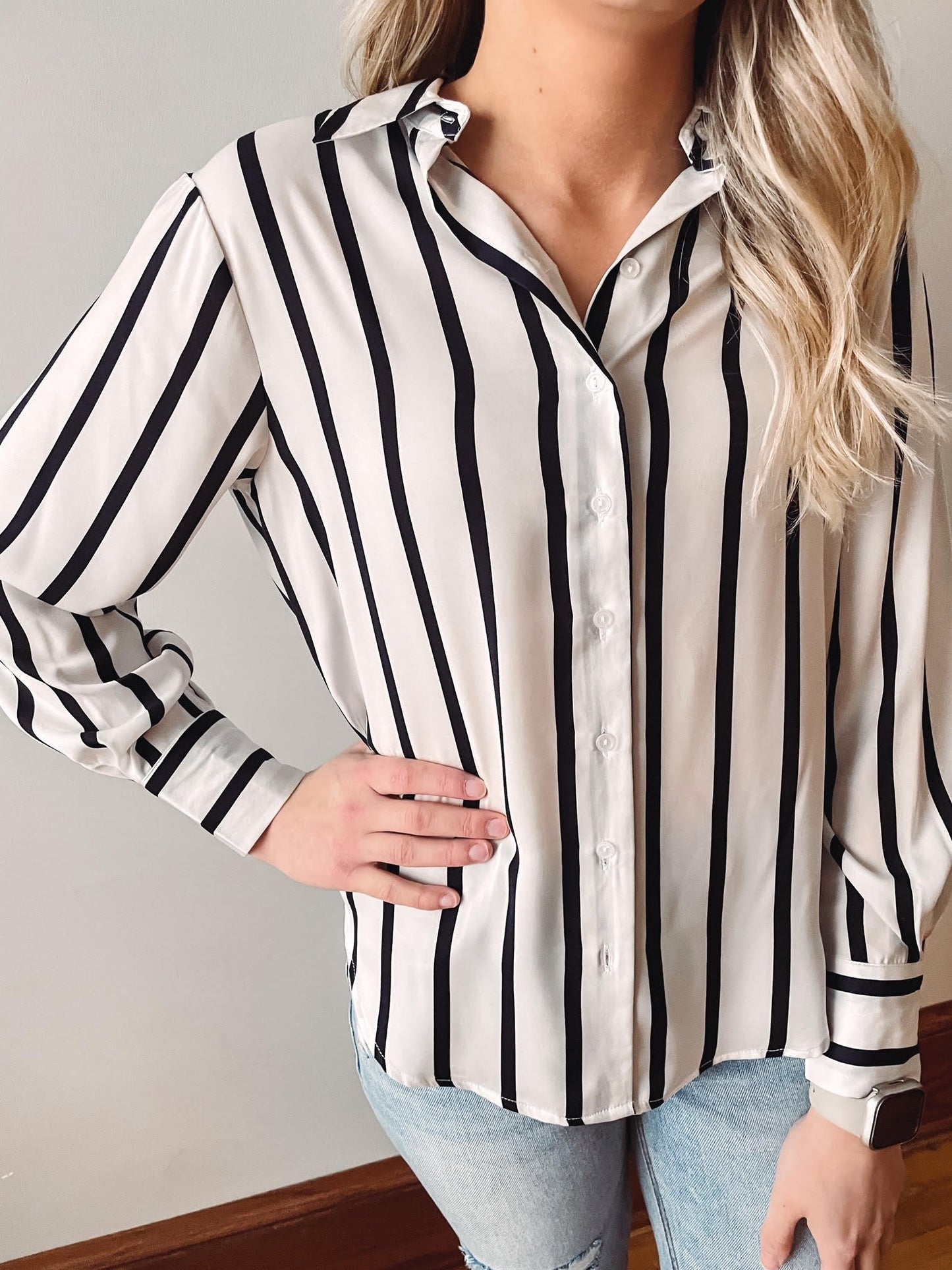 Navy Pin Stripe Button Up