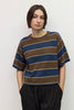 Person wearing a brown and blue striped sweater against a white background