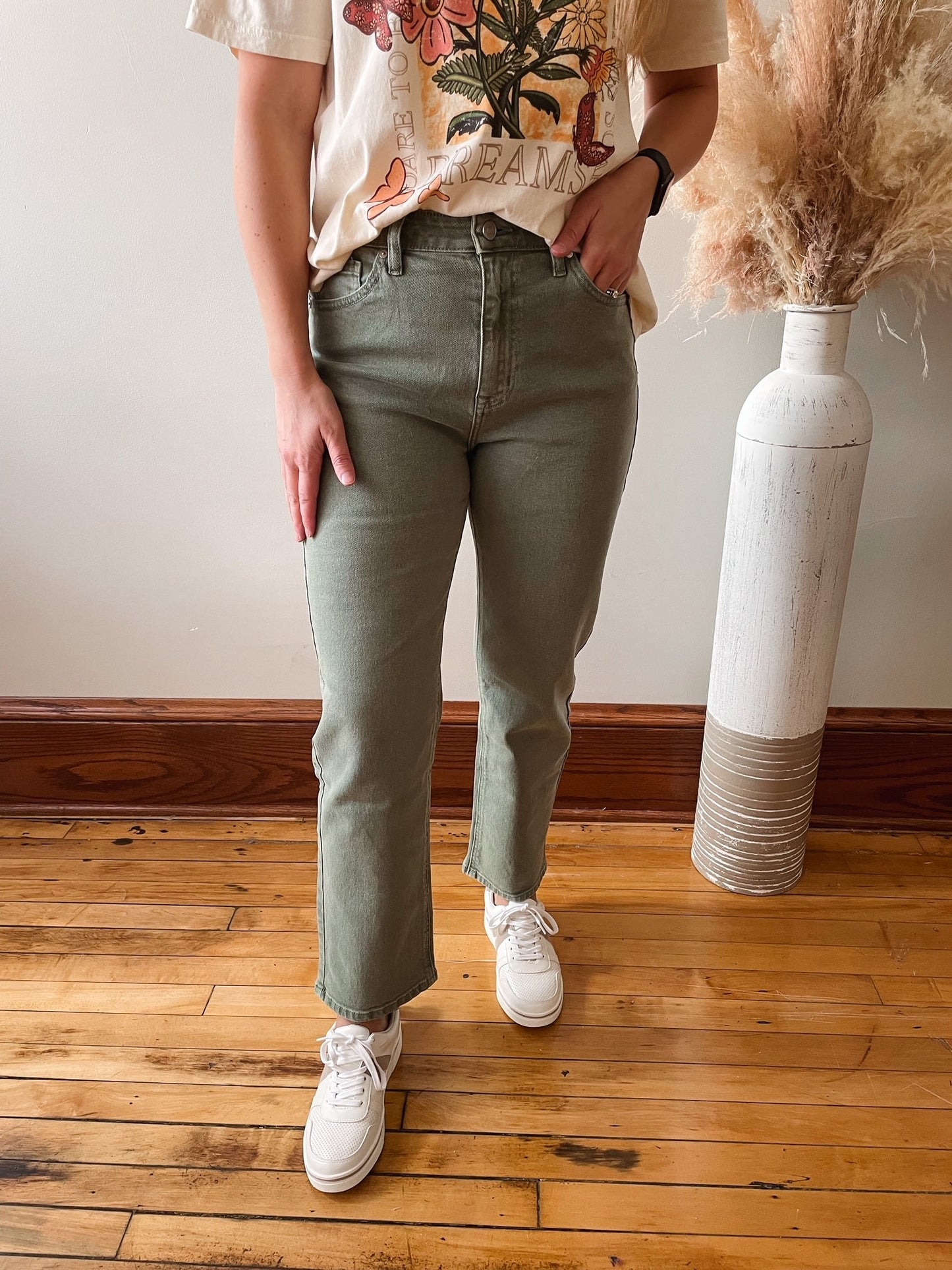 Tyra Olive High Rise Straight Jean