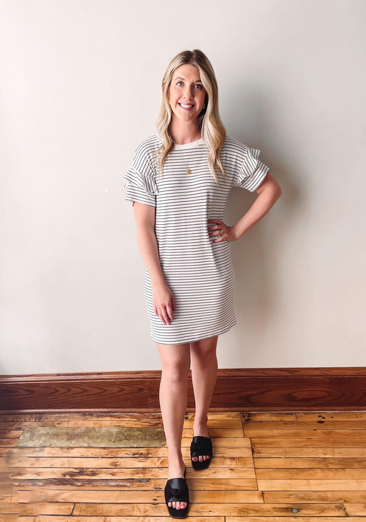 Black Striped Ruffle Sleeve Dress