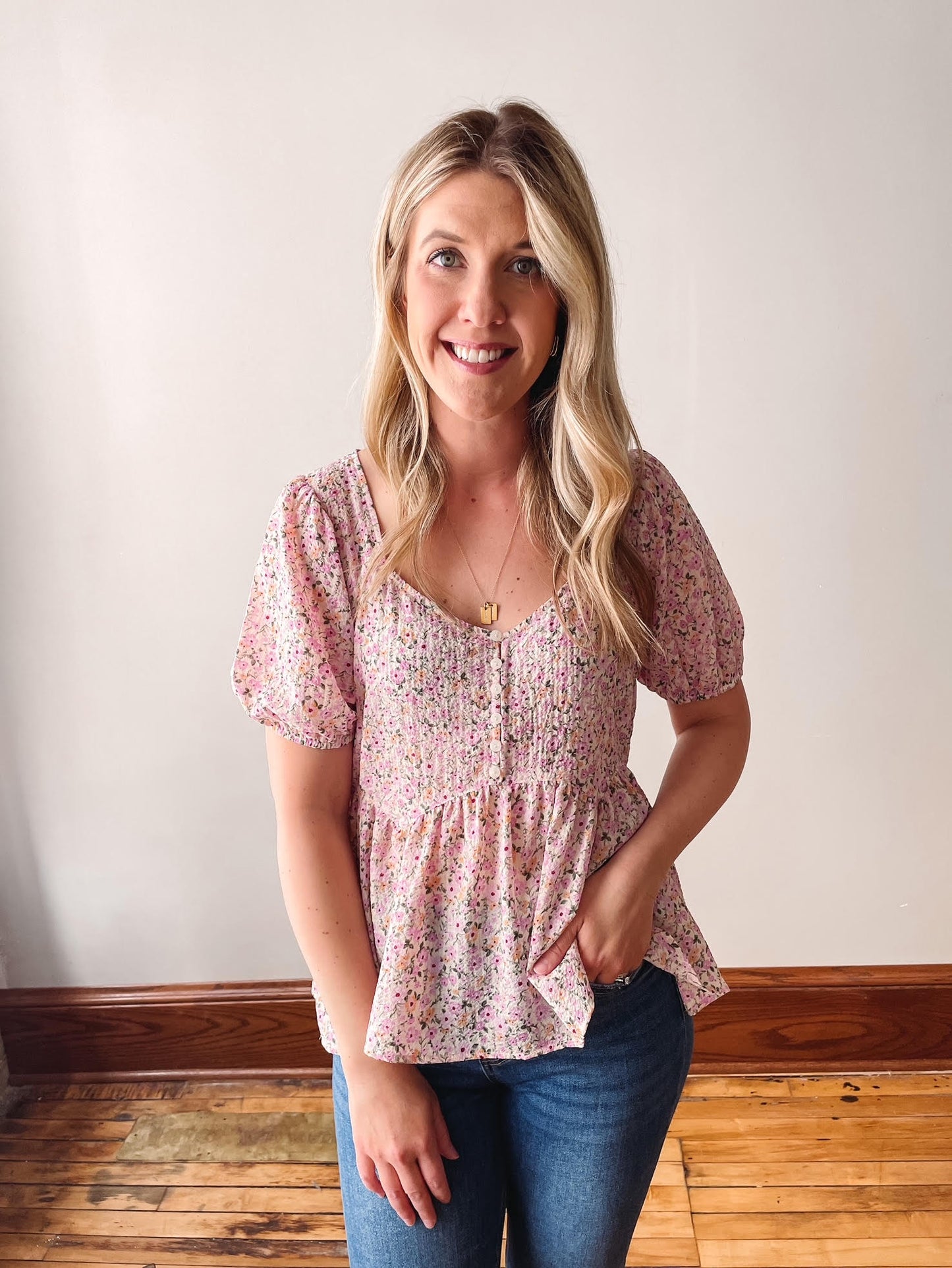 Pink Ditsy Floral Babydoll Blouse