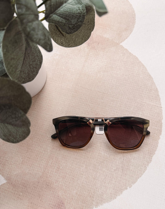 Sunglasses on a textured surface with a plant in the background