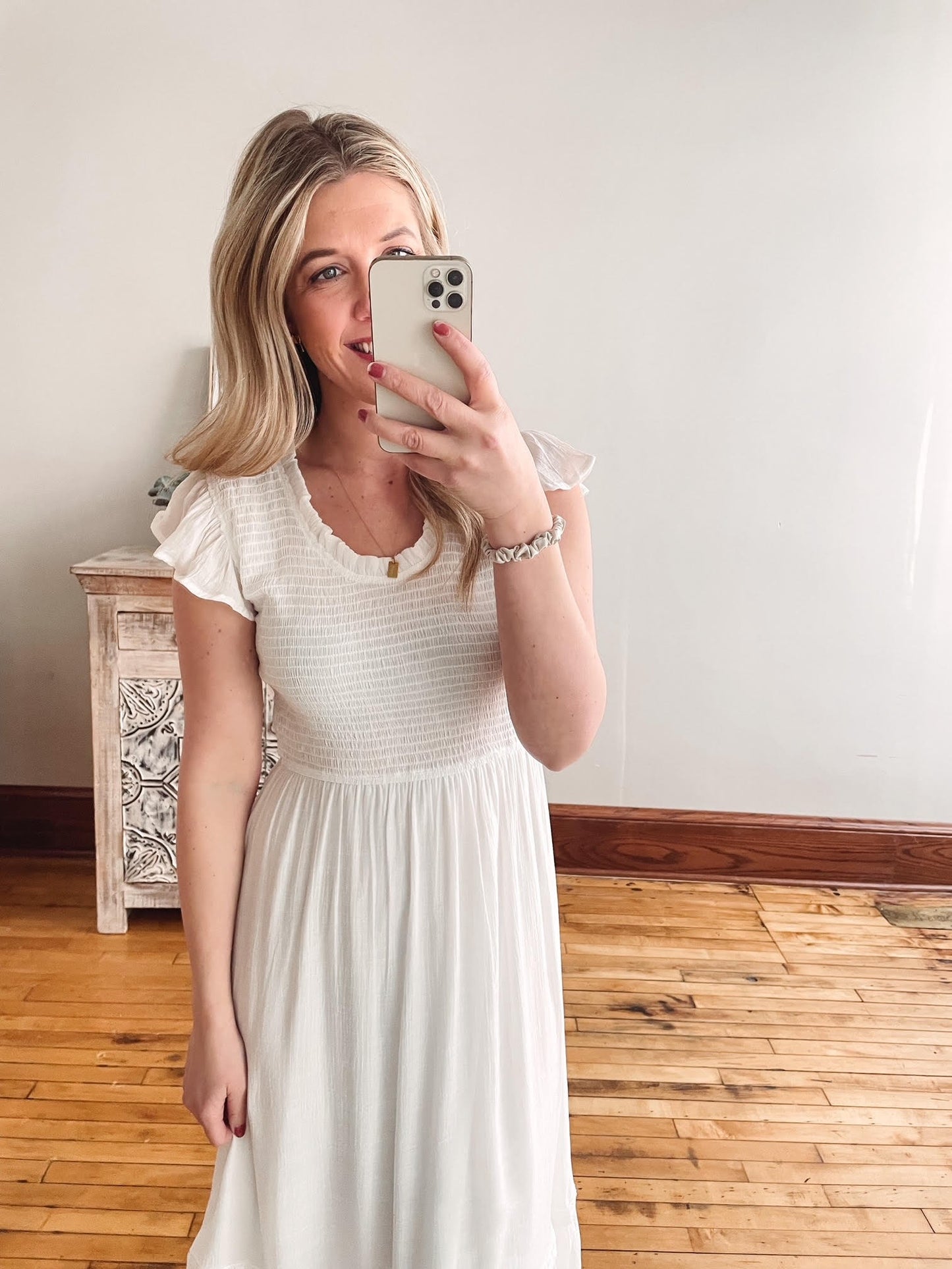 Daisy White Ruffle Midi Dress