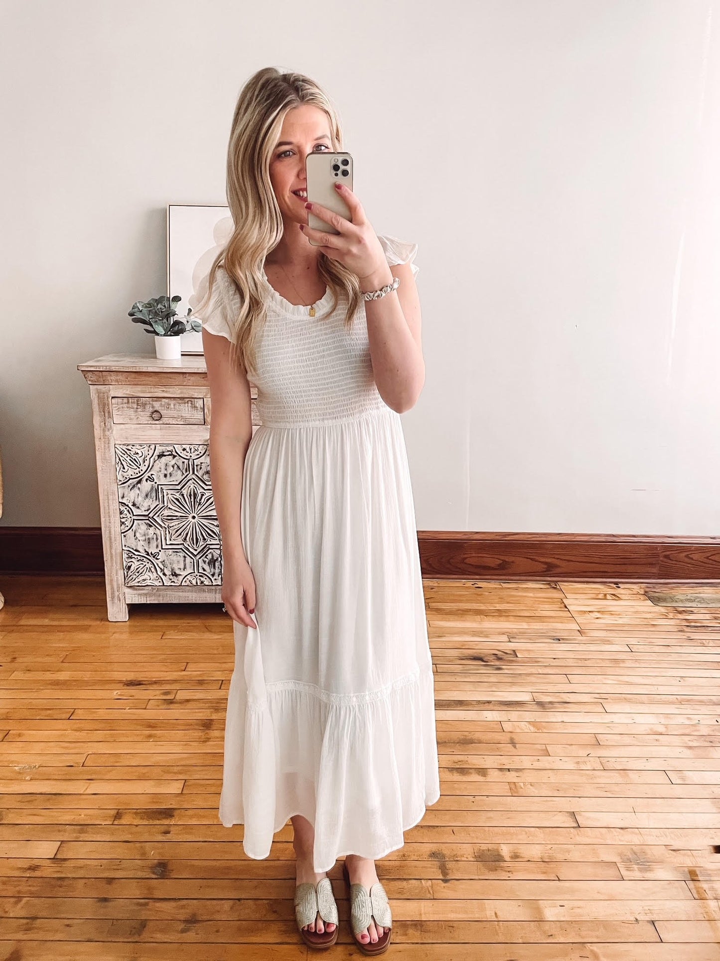 Daisy White Ruffle Midi Dress