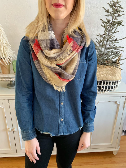 Gray/Beige Plaid Infinity Scarf