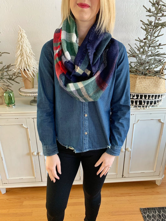 Green/Navy Plaid Infinity Scarf