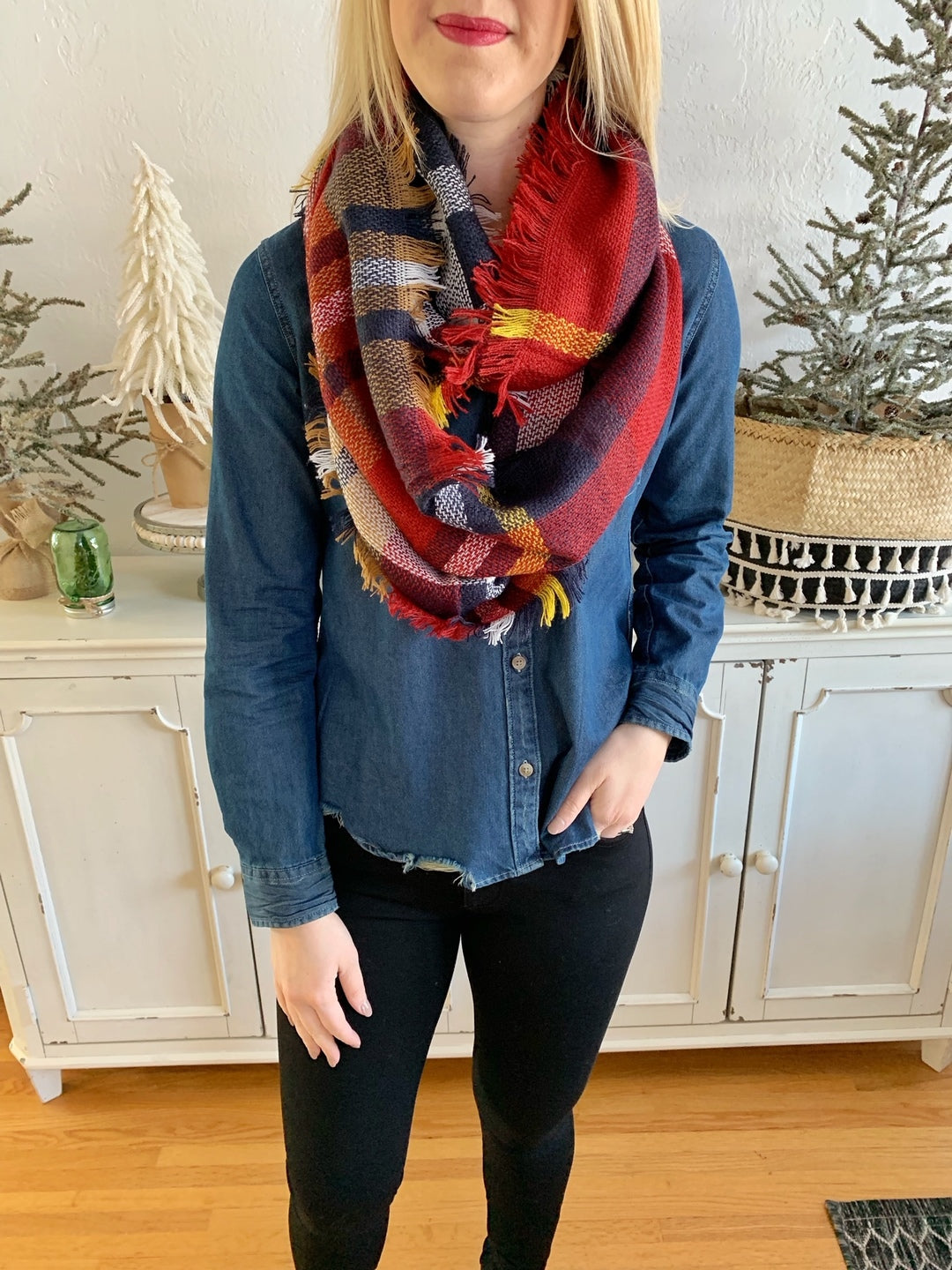 Red/Navy Plaid Infinity Scarf