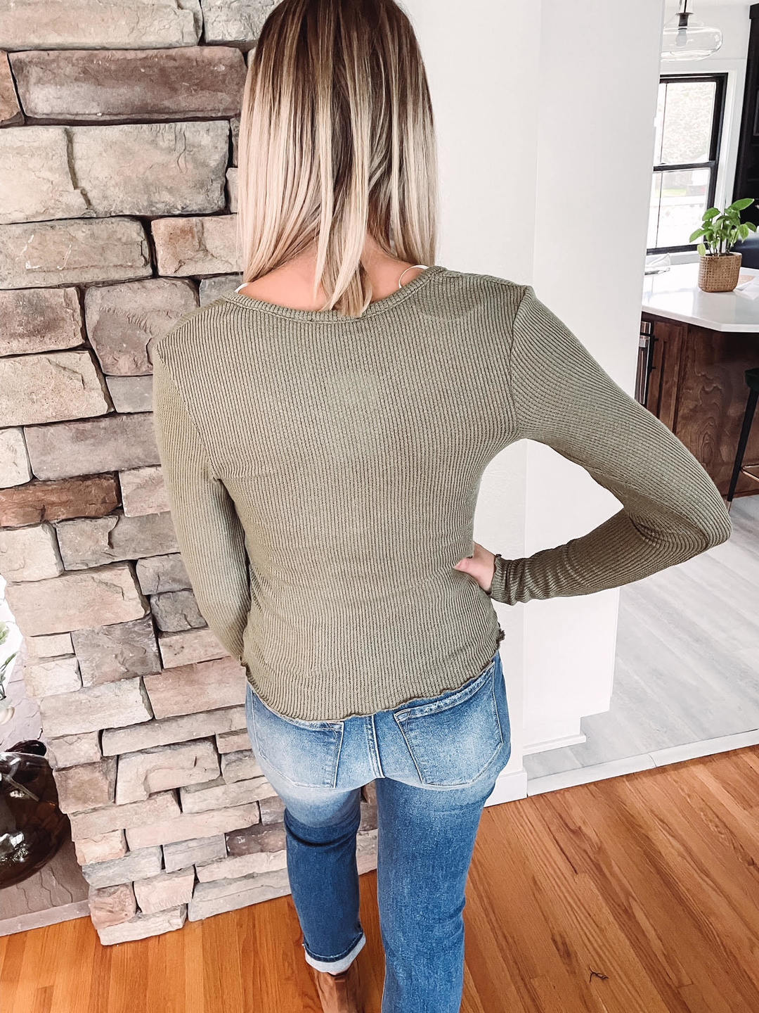 Olive Thermal Notched Long Sleeve