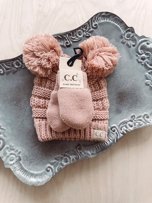 Baby Pink Double Pom Beanie + Mittens