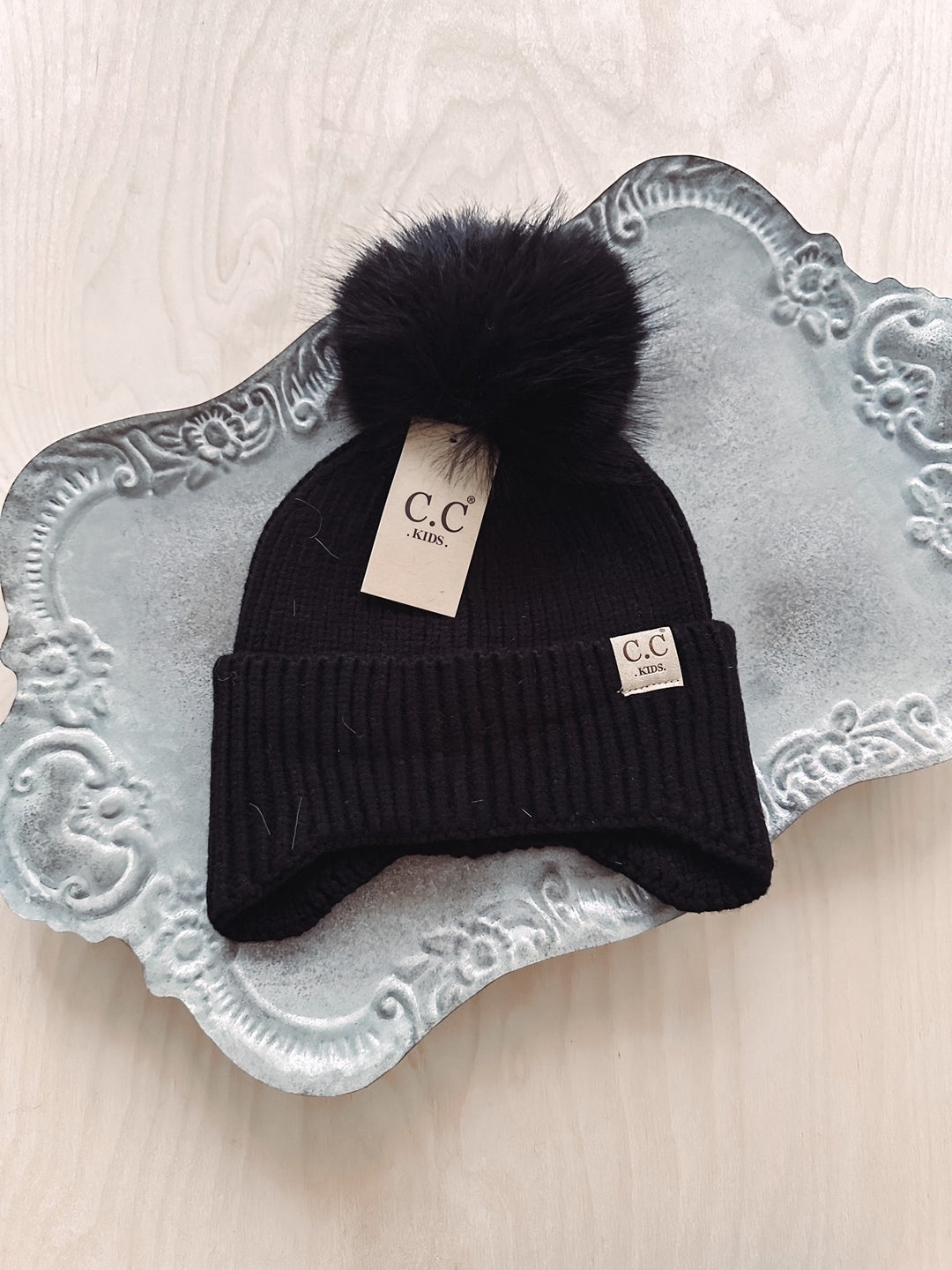 Skye Kids Black Ear Flap Double Pom Beanie